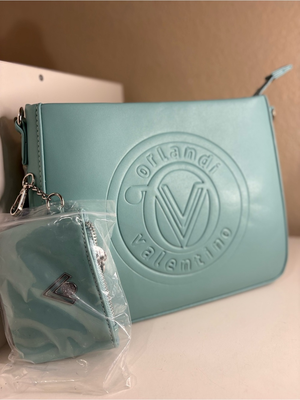 Valentino Orlandi Teal Vegan Leather Crossbody Bag NWT Wallet Italy